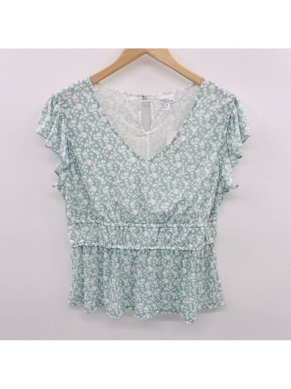 Madison & Berkeley Floral Short Ruffle Sleeve Mesh Blouse Green Small NWT